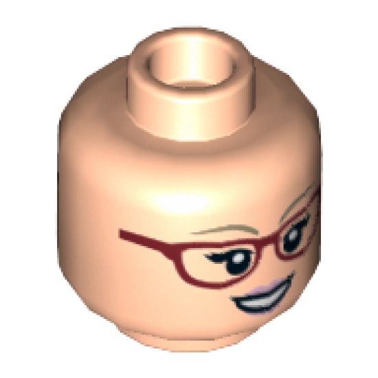 Minifigure, Head Dual Sided Female Glasses Red Angled Frames, Dark Tan Eyebrows with Open Smile / Angry Pattern (Bernadette) - Hollow Stud