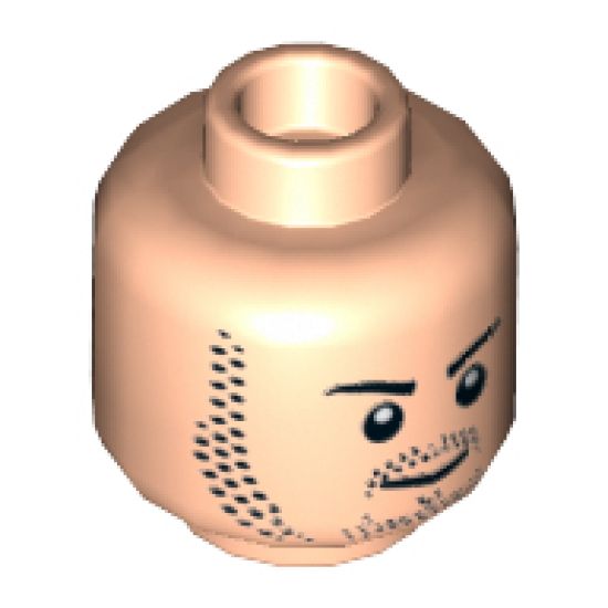 Minifigure, Head Dual Sided Beard Stubble, Black Eyebrows, Smirk / Angry Bared Teeth Pattern (Quicksilver) - Hollow Stud