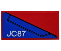 Tile 2 x 4 with Blue Wing Panel and 'JC87' on Red Background Pattern Model Right Side (Sticker) - Set 76076