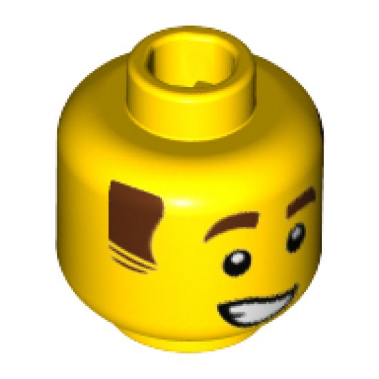 Minifigure, Head Reddish Brown Eyebrows and Sideburns, Lopsided Grin with Teeth Pattern - Hollow Stud