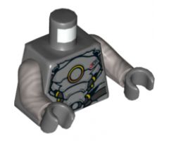 Torso Silver Plate Armor, Orange and Yellow Circle, Yellow Highlights Pattern / Flat Silver Arms / Dark Bluish Gray Hands