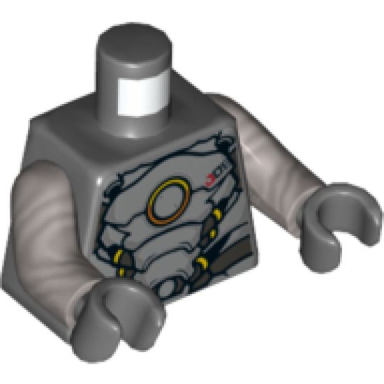 Torso Silver Plate Armor, Orange and Yellow Circle, Yellow Highlights Pattern / Flat Silver Arms / Dark Bluish Gray Hands