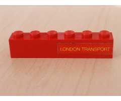 Brick 1 x 6 with Yellow 'LONDON TRANSPORT' Text on Red Background Pattern Model Right Side (Sticker) - Sets 384 / 760-2