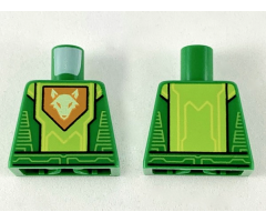 Torso Nexo Knights Armor with Lime Circuitry and Panel with Bright Light Yellow Fox Head on Orange Pentagonal Shield Pattern