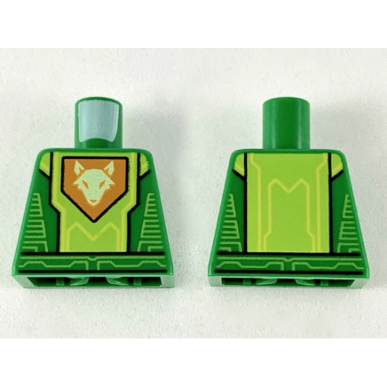 Torso Nexo Knights Armor with Lime Circuitry and Panel with Bright Light Yellow Fox Head on Orange Pentagonal Shield Pattern