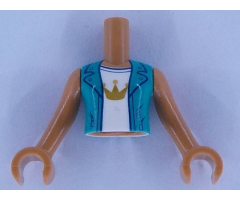 Mini Doll, Torso Friends Girl Dark Turquoise Jacket over White Top with Gold Crown Pattern, Medium Nougat Arms with Hands