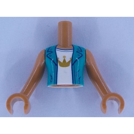 Mini Doll, Torso Friends Girl Dark Turquoise Jacket over White Top with Gold Crown Pattern, Medium Nougat Arms with Hands