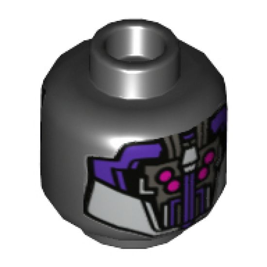 Minifigure, Head Alien Dark Purple and Silver Armor, 4 Magenta Eyes Pattern - Hollow Stud