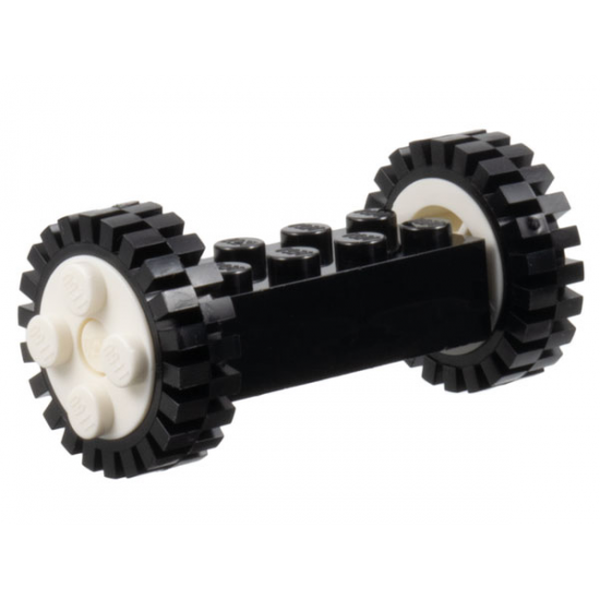 Wheel & Tire Assembly Brick, Modified 2 x 4 with Wheels, FreeStyle White Wheels and Pins with 2 Black Tire 24mm D. x 8mm Offset Tread - Interior Ridges (4180c03 / 3483)
