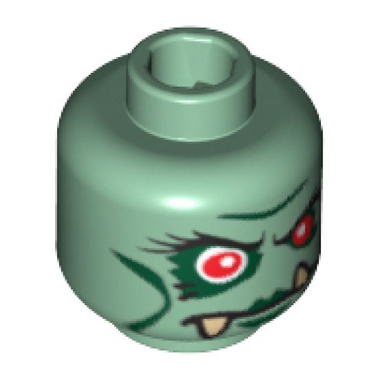 Minifigure, Head Alien with Red Eyes, Dark Green Lips and Lower Fangs Pattern - Blocked Open Stud