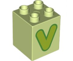 Duplo, Brick 2 x 2 x 2 with Letter V Lime Pattern