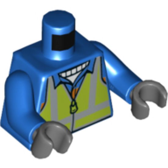 Torso Safety Vest with Silver and Lime Reflective Stripes over Jacket with Orange Stripe Pattern / Blue Arms / Dark Bluish Gray Hands