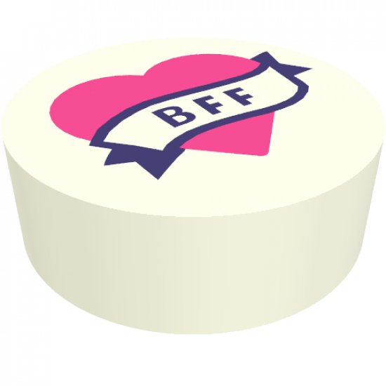 Tile, Round 1 x 1 with Dark Pink Heart and Banner with Dark Purple 'BFF' Pattern