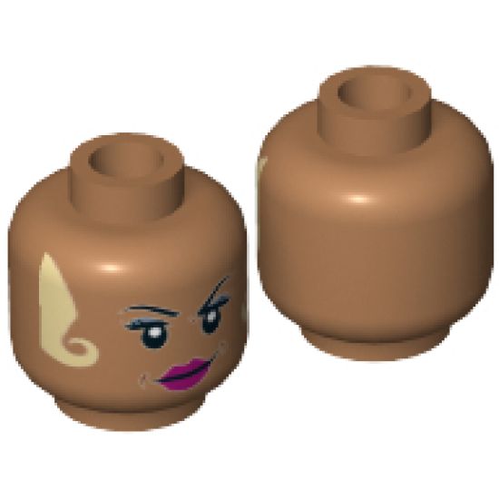 Minifigure, Head Female Black Eyebrows, White Locks Hanging on Both Sides, Magenta Lips Smirk Pattern - Hollow Stud