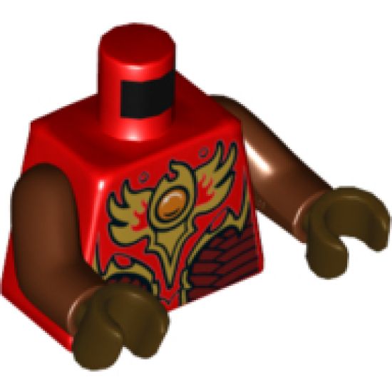 Torso Vest with Dark Red and Gold Armor with Scales and Orange Round Jewel (Fire Chi) Pattern / Reddish Brown Arms / Dark Brown Hands