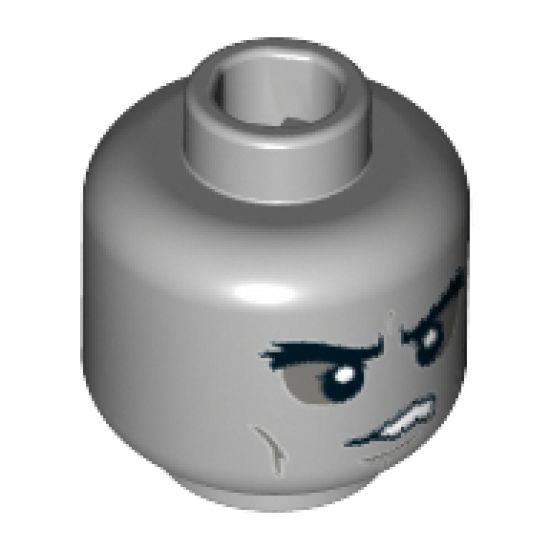 Minifigure, Head Alien with Black Bushy Eyebrows, Dark Bluish Gray Sunken Eyes, Cheek Lines, Frown with Teeth Pattern - Hollow Stud