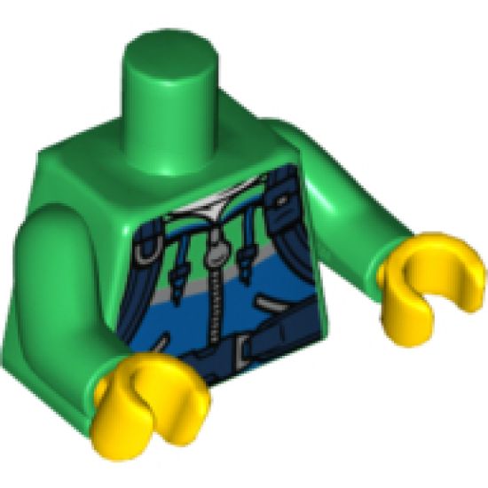 Torso Hoodie with Ties, Dark Azure Stripe, Pockets, Silver Zipper and Dark Blue Straps Pattern / Green Arms / Yellow Hands