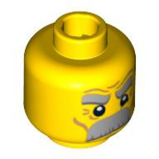 Minifigure, Head Dual Sided Thick Gray Moustache and Eyebrows, Determined / Angry Pattern - Blocked Open Stud