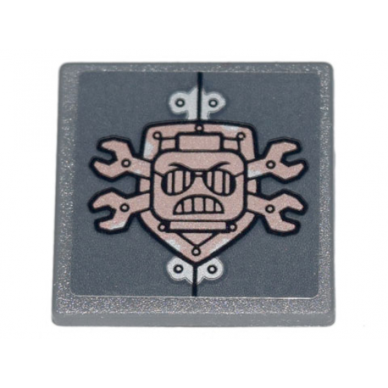 Road Sign 2 x 2 Square with Open O Clip with Copper Crossed Wrenches, Shield, Scribble Cop Head and Rivets Pattern (Sticker) - Set 70840