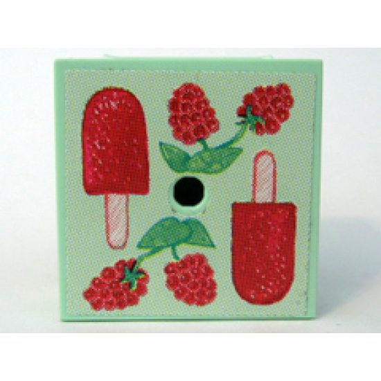 Container Box 3.5 x 3.5 x 1.3 with Hinged Lid with Raspberries and Ice Pop (Freezer / Lollipop / Lolly / Pole / Popsicle / Stick) Pattern (Sticker) - Set 3116