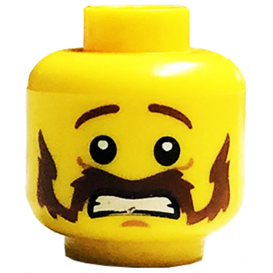 Minifigure, Head Moustache Handlebar and Sideburns Brown, Scared Pattern - Blocked Open Stud
