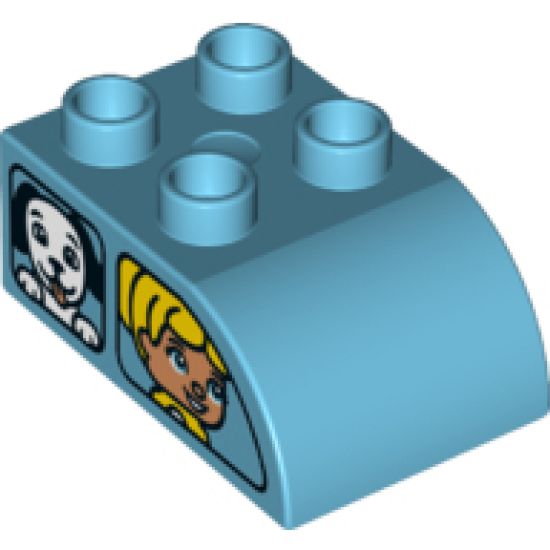 Duplo, Brick 2 x 3 with Curved Top and 2 Windows with Duplo Girl and Dog / Boy and Cat Pattern