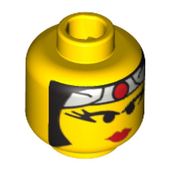 Minifigure, Head Female with Red Lips, Eyelashes, Gray Headband with Red Circle Pattern - Blocked Open Stud
