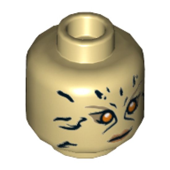 Minifigure, Head Dual Sided Female, Animal Print Black Spots, Orange Eyes, Dark Tan Eyebrows, Medium Nougat Lips, Smirk / Fierce Pattern - Hollow Stud