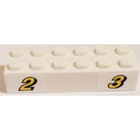 Brick 2 x 6 with Yellow Number 2 and 3 with Black Outline Pattern (Stickers) - Set 60084