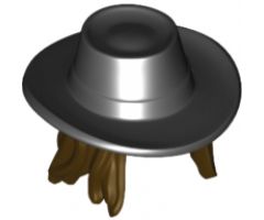 Minifigure, Hair Combo, Hat with Hair, Cowboy Gambler Style with Long Dark Brown Hair