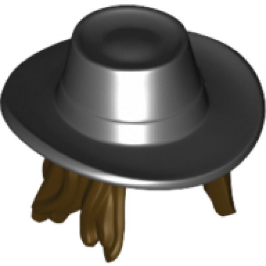 Minifigure, Hair Combo, Hat with Hair, Cowboy Gambler Style with Long Dark Brown Hair