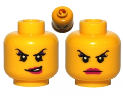 Minifigure, Head Dual Sided Female Dark Pink Lips, Eyelashes, Purple Eye Shadow Conniving / Angry Pattern - Blocked Open Stud