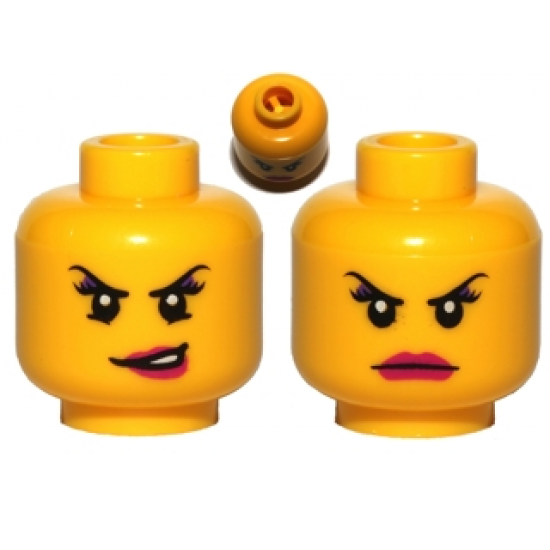 Minifigure, Head Dual Sided Female Dark Pink Lips, Eyelashes, Purple Eye Shadow Conniving / Angry Pattern - Blocked Open Stud