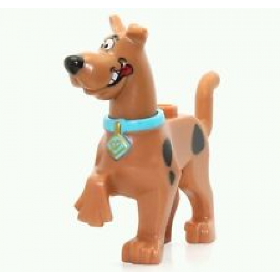 Dog, Great Dane Scooby-Doo Walking with Medium Azure Collar, Smile on Both Sides and Tongue Pattern