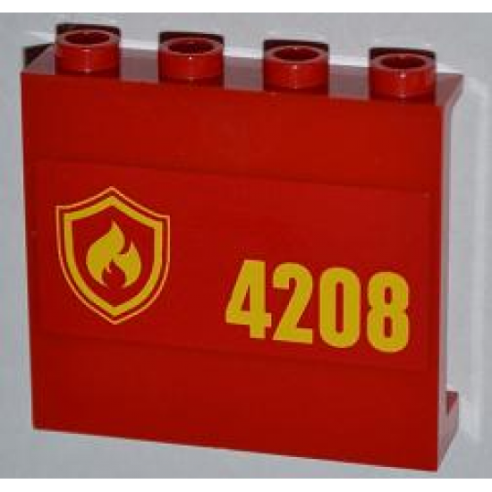 Panel 1 x 4 x 3 with Side Supports - Hollow Studs with Yellow and Red Fire Logo Badge and '4208' on Right Pattern (Sticker) - Set 4208