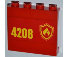 Panel 1 x 4 x 3 with Side Supports - Hollow Studs with Yellow and Red Fire Logo Badge and '4208' on Left Pattern (Sticker) - Set 4208