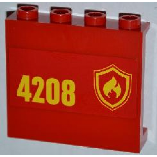 Panel 1 x 4 x 3 with Side Supports - Hollow Studs with Yellow and Red Fire Logo Badge and '4208' on Left Pattern (Sticker) - Set 4208