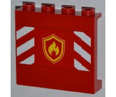 Panel 1 x 4 x 3 with Side Supports - Hollow Studs with Yellow and Red Fire Logo Badge and Red and White Danger Stripes Pattern (Sticker) - Set 4208