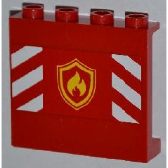 Panel 1 x 4 x 3 with Side Supports - Hollow Studs with Yellow and Red Fire Logo Badge and Red and White Danger Stripes Pattern (Sticker) - Set 4208