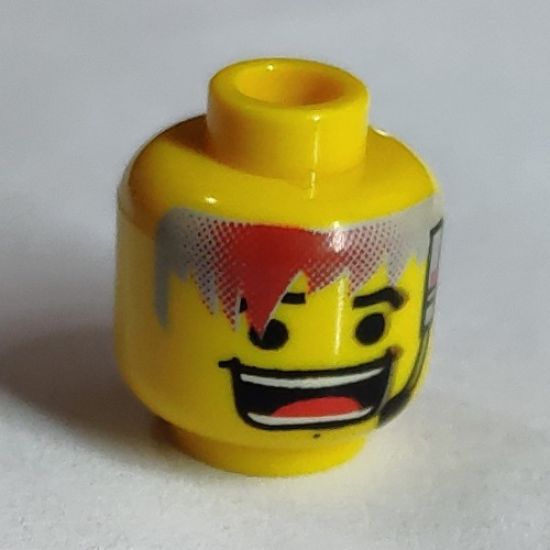 Minifigure, Head Male Huge Grin, Headset, Eyebrows Pattern (Flex) with Hair - Blocked Open Stud