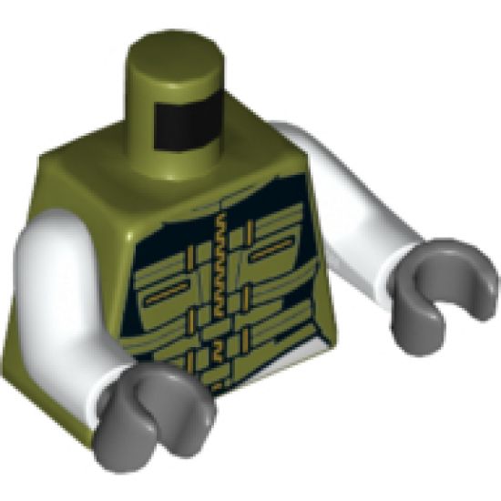 Torso Female Outline, Black Suit with Olive Green Belts and Gold Zipper Pattern / White Arms / Dark Bluish Gray Hands