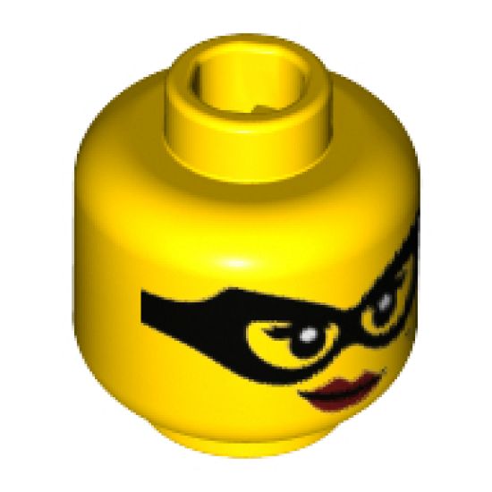 Minifigure, Head Female Black Eye Mask, Beauty Mark, Red Lips with Smirk Pattern - Hollow Stud
