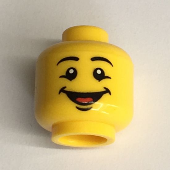 Minifigure, Head Male Black Eyebrows, Open Mouth Smile with Tongue Pattern - Blocked Open Stud