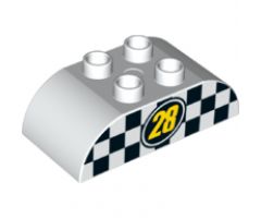 Duplo, Brick 2 x 4 Curved Top with Yellow '28' with Black and White Checkered Pattern