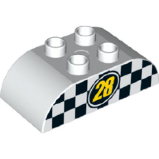 Duplo, Brick 2 x 4 Curved Top with Yellow '28' with Black and White Checkered Pattern