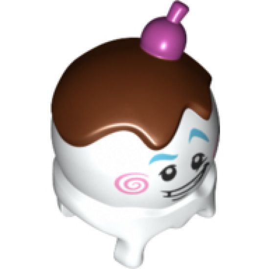 Minifigure, Head, Modified Ice Cream Scoop with Purple Cherry, Reddish Brown Topping, Medium Azure Eyebrows and Bright Pink Cheek Spirals Pattern