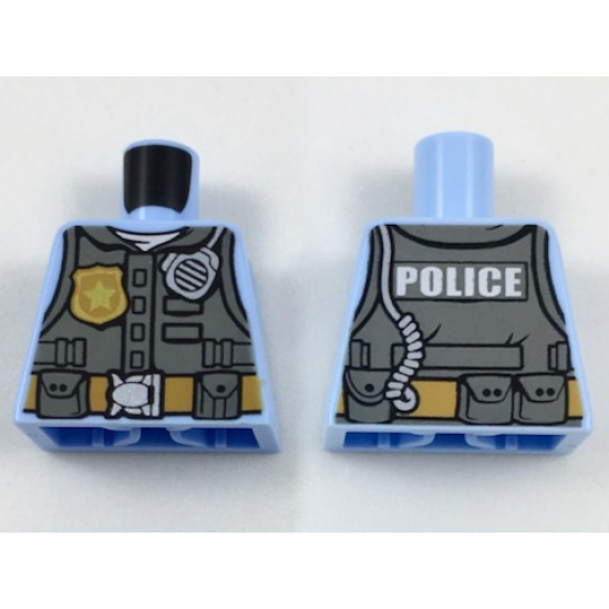 Torso Police Shirt with Dark Bluish Gray Vest, Gold Badge, Tan Belt and White 'POLICE' Pattern on Back