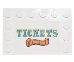 Tile, Modified 4 x 6 with Studs on Edges with Blue and Yellow 'TICKETS' and Orange Ticket Strip Pattern (Sticker) - Set 10244