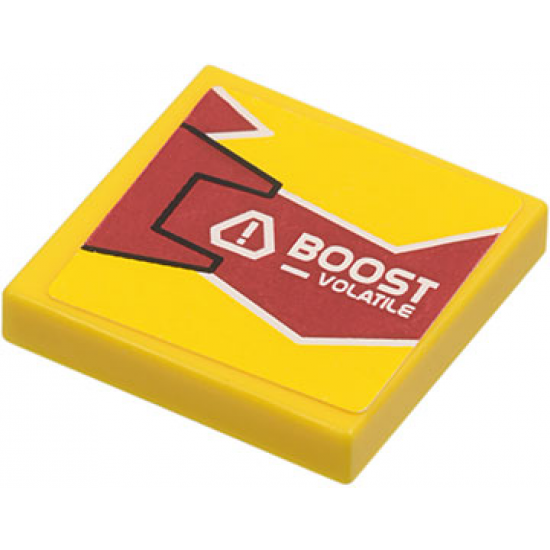 Tile 2 x 2 with 'BOOST - VOLATILE' on Dark Red and Yellow Background with Black Outline on Left Pattern (Sticker) - Set 8113