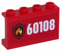 Panel 1 x 4 x 2 with Side Supports - Hollow Studs with Fire Logo and White '60108' on Red Background Pattern (Sticker) - Set 60108